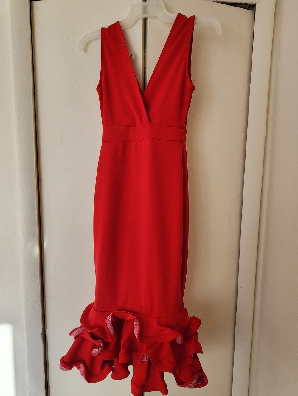 Red V-Neck Ruffle Hem Dress